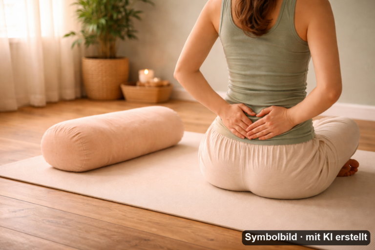 Frau bei sanfter Beckenbodenuebung auf Yogamatte zur konservativen Behandlung von Senkungsbeschwerden