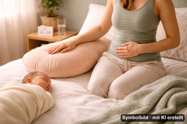 Junge Mutter mit Neugeborenem symbolisiert postpartale Beckenbodentherapie
